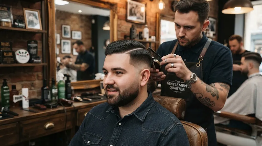 A stylish man with a round face showcasing a sharp hard part comb over haircut with a clean fade