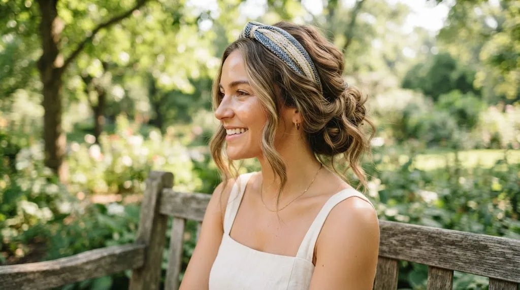 A person outdoors showcasing a neat and elegant headband tuck hairstyle for long summer hair with natural lighting.