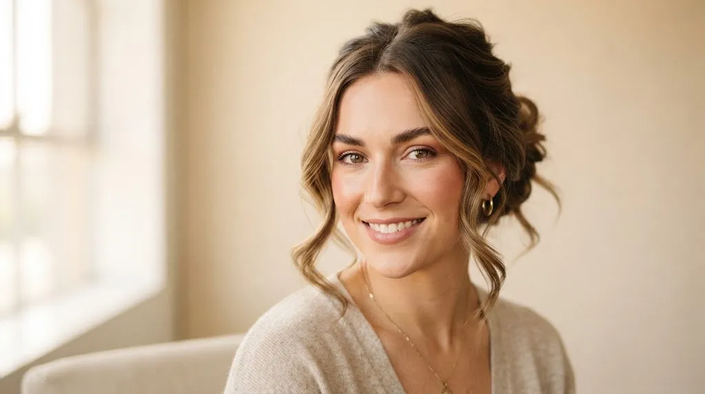 A person with a heart and diamond face shape wearing an elegant mid-level textured knot hairstyle with soft face-framing waves for a formal event.