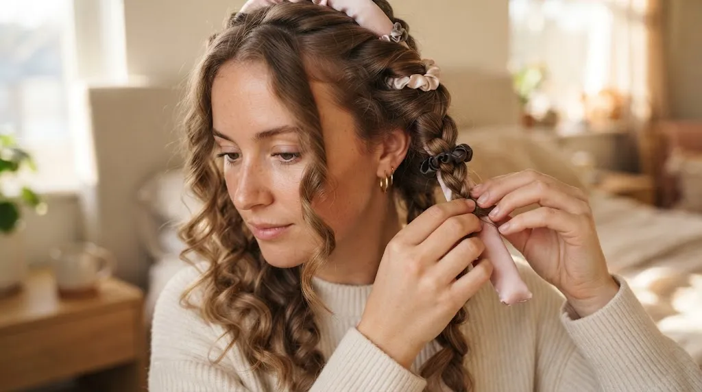 Woman styling her soft natural curls using heatless methods like overnight braids and rollers in a bright room