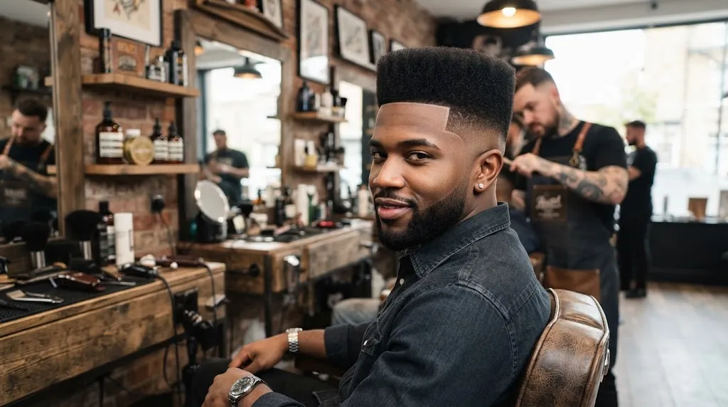 A close-up view of a stylish men's high box fade haircut featuring a sharp structured top and high contrast faded sides.