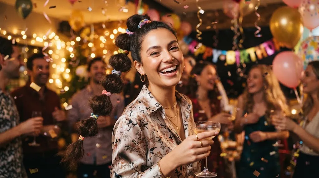 A stylish woman with a high voluminous bubble ponytail hairstyle at a festive birthday party celebration.
