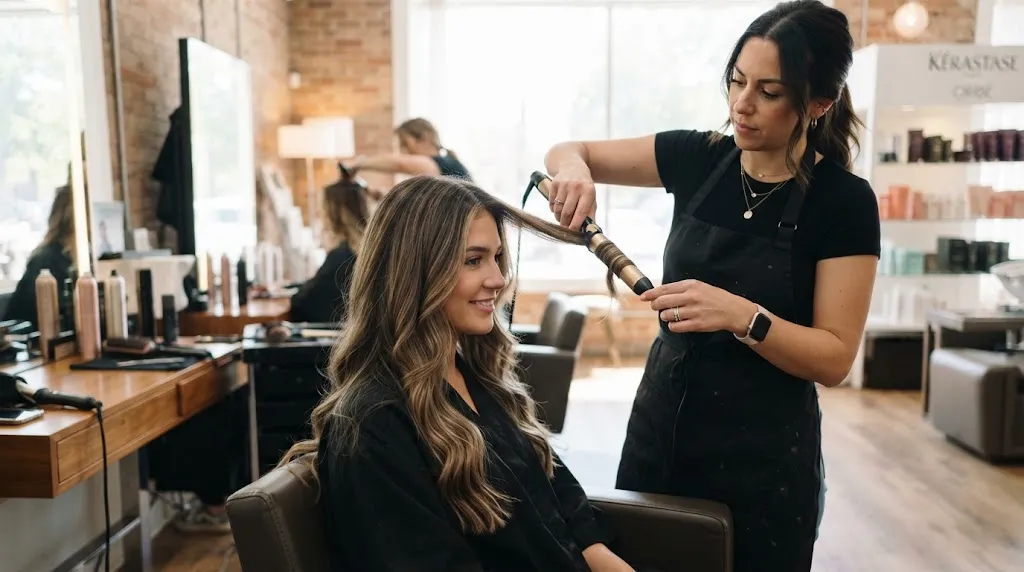 Professional hairstylist using a curling iron on long layered hair to create high-definition bouncy curls