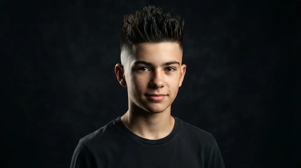 Teen boy with a sharp high fade haircut and spiky textured hair on top against a dark background