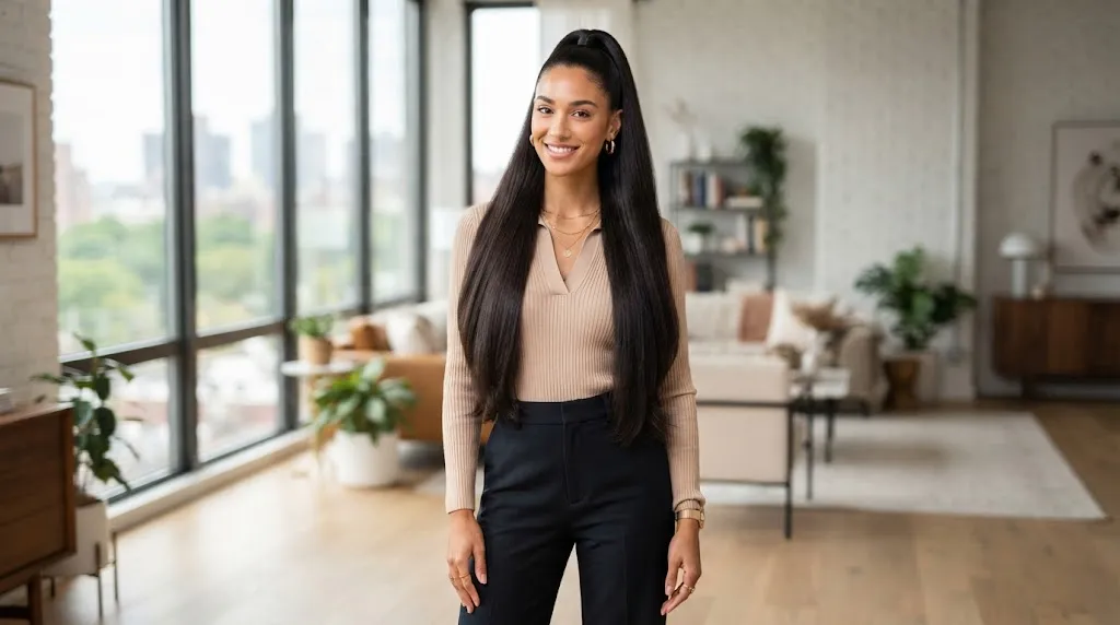 A woman wearing a sleek, voluminous high full-body ponytail hairstyle that keeps long hair off her neck during summer heat.