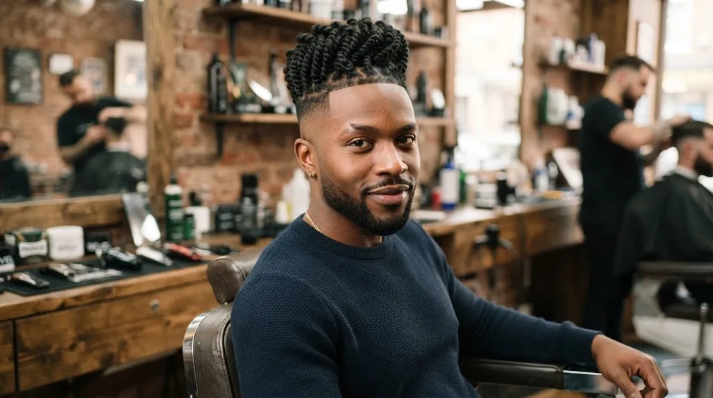 A Black man with neat high-top twists on the crown and a sharp skin fade on the sides and back