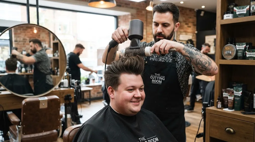 Professional barber styling a high-volume quiff haircut with tight sides on a man with a round face shape in a modern barbershop.