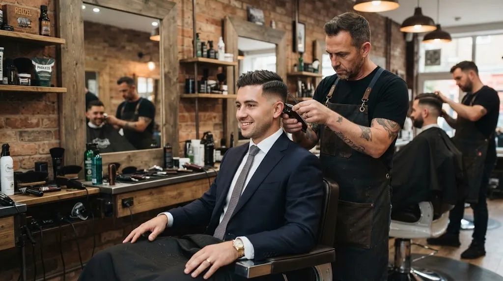 A professional barber giving a groom a clean haircut to show how fade, taper, and slope styles differ for weddings