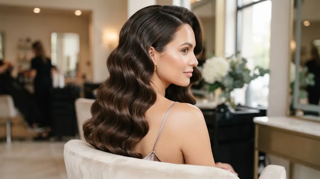 Close-up of glossy, long loose cascading curls styled for a formal event with soft natural lighting