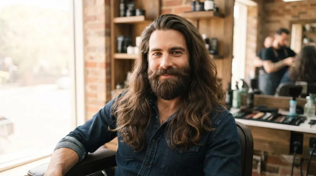 A stylish man showcasing a well-maintained long hair and beard combination during the growth journey.