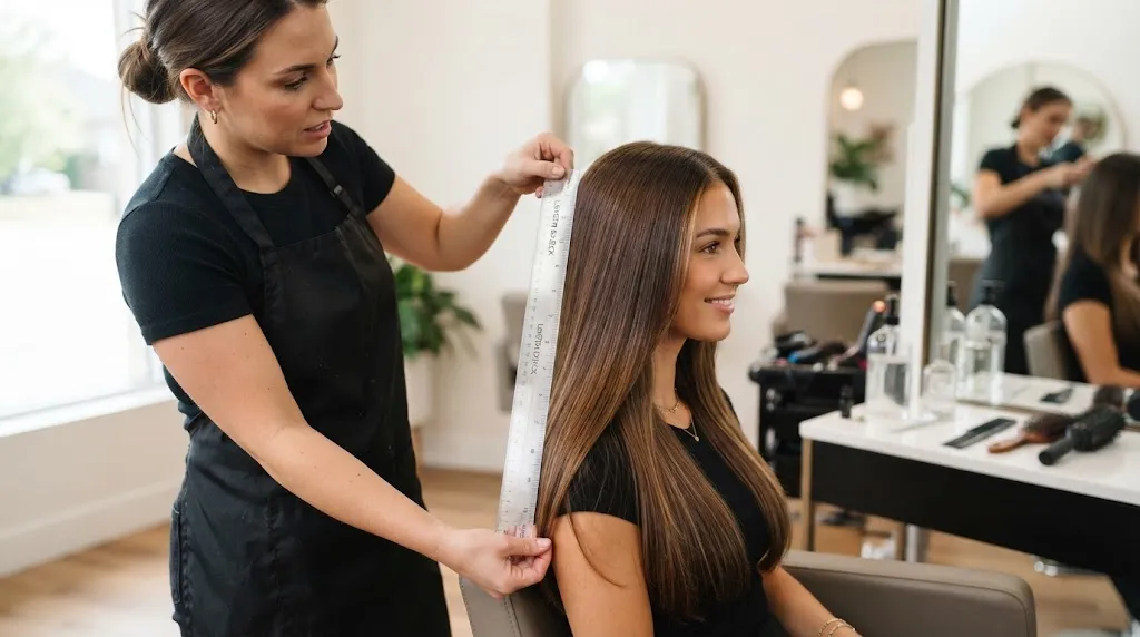 Hairstylist carefully checking and measuring long healthy hair in a modern salon to show how little length is lost during a trim.