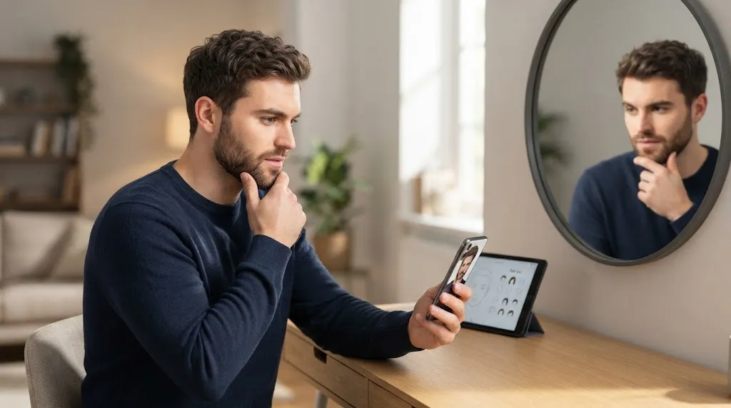 A man checking and matching different hairstyle options on his smartphone and mirror at home
