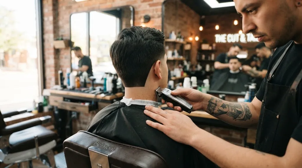 A professional barber using precision clippers to maintain and clean up a stylish men's tail haircut in a modern barbershop.