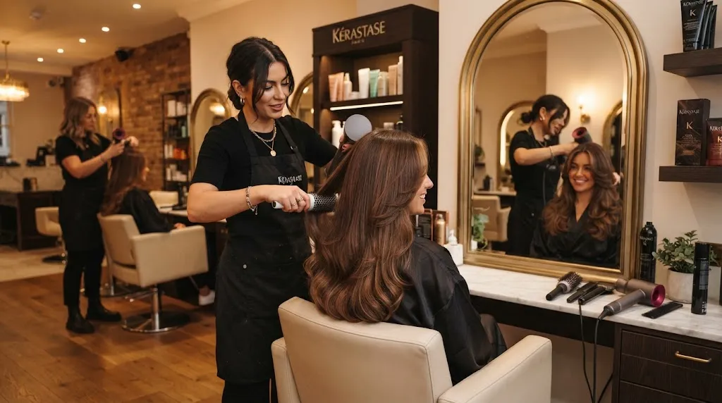 A professional hair salon showing long hair styled with a U-cut, illustrating salon pricing and professional hair services.