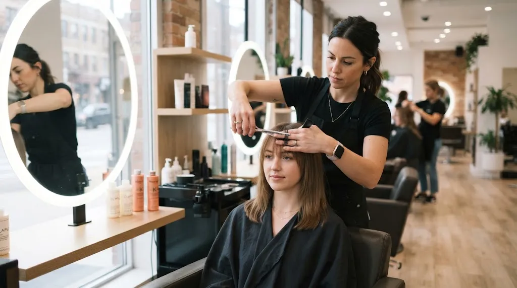 Professional hairstylist carefully trimming airy Korean see-through bangs in a modern salon to maintain shape.