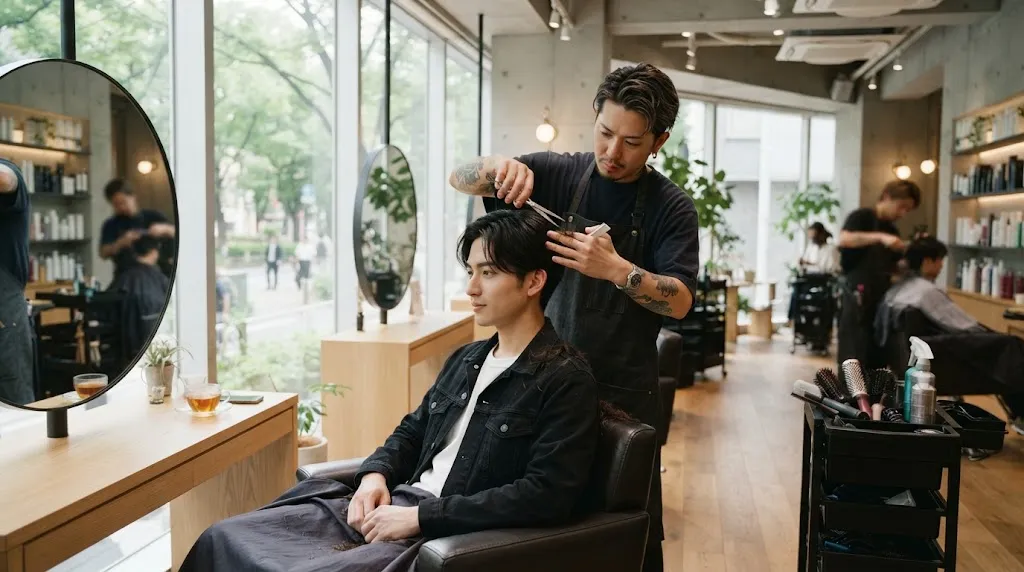 A professional hairstylist giving a precision trim to a young man in a modern Japanese hair salon to maintain his layered haircut.