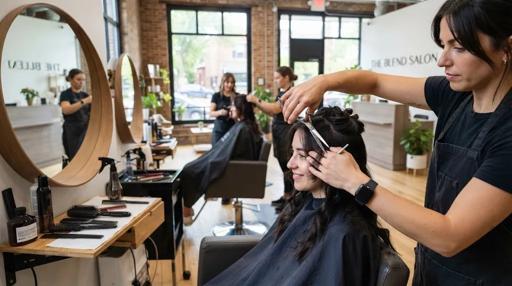 Professional hairstylist maintaining and trimming a sharp box cut hairstyle in a modern salon
