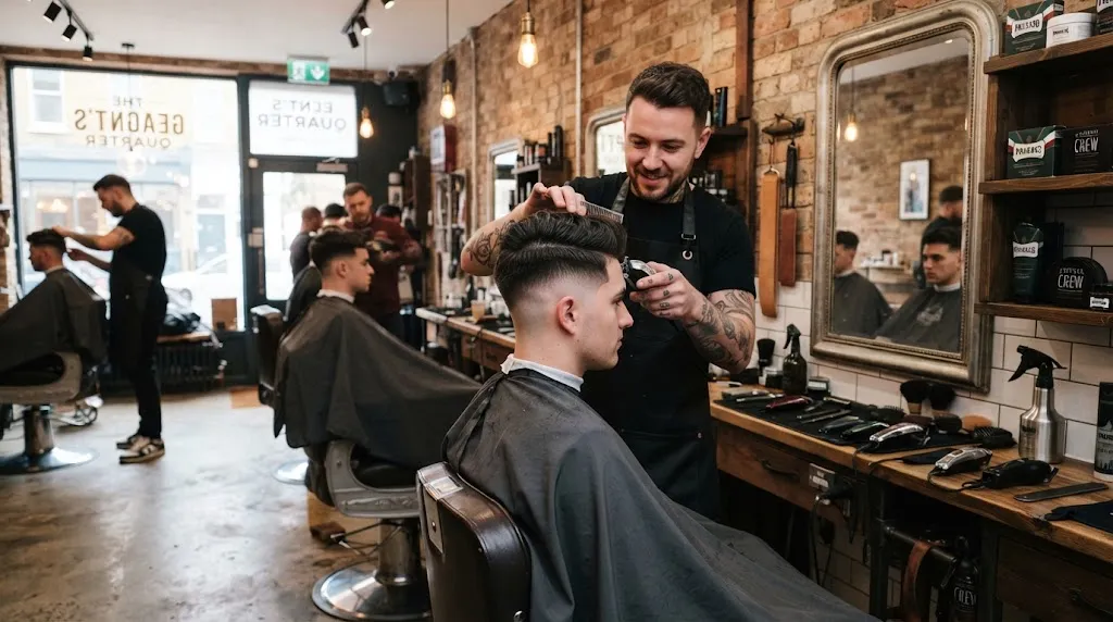 Professional barber maintaining a clean men's haircut with precise styling and grooming tools in a modern barbershop