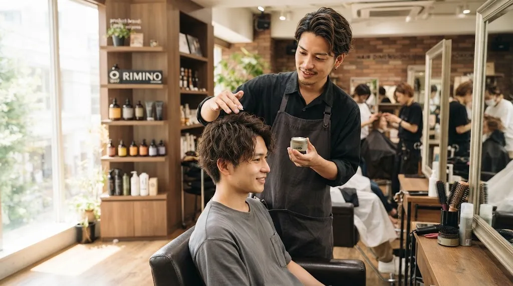 A professional stylist working on modern Japanese men's hair texture in a salon using lightweight styling products