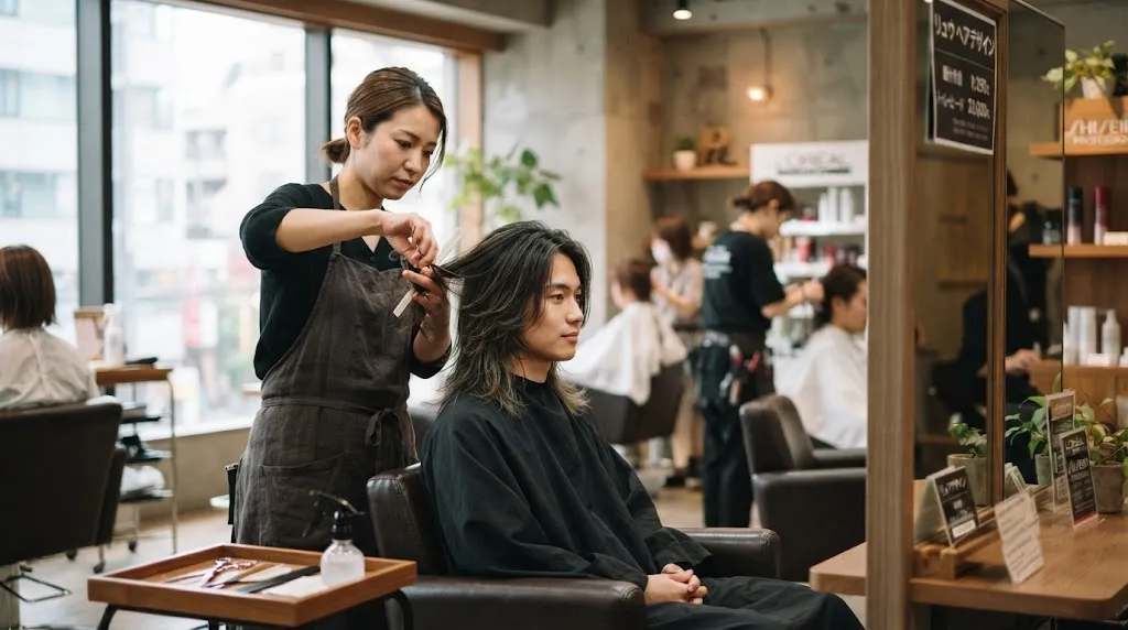 Professional hairstylist trimming and caring for men's Japanese layered hair in a modern salon