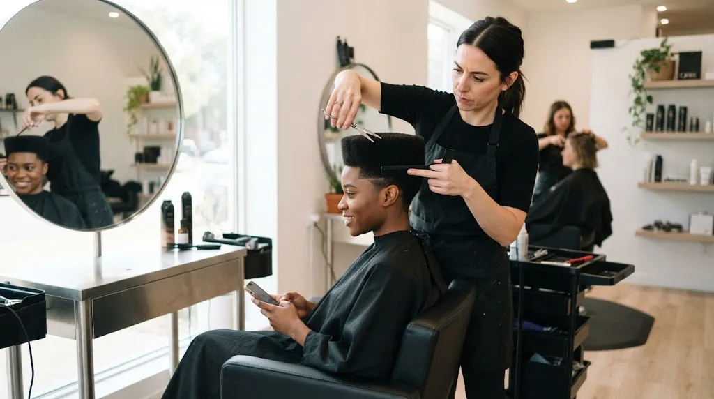 A professional hairstylist working on a clean, structured box cut hairstyle in a modern salon to show how it grows out.
