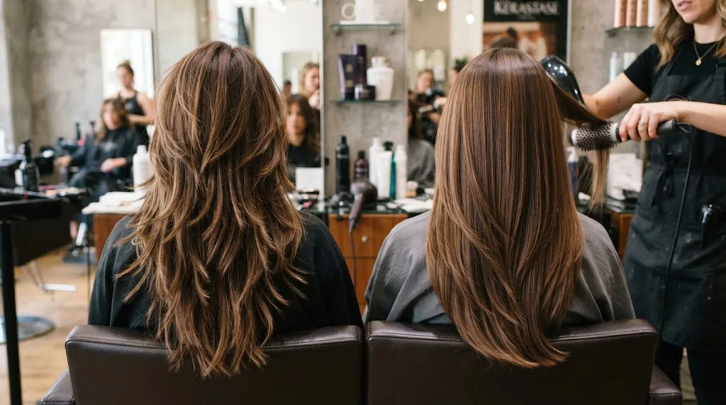 Close-up comparison of a layer step cut showing distinct cascading tiers next to a regular long layered haircut in a professional salon.