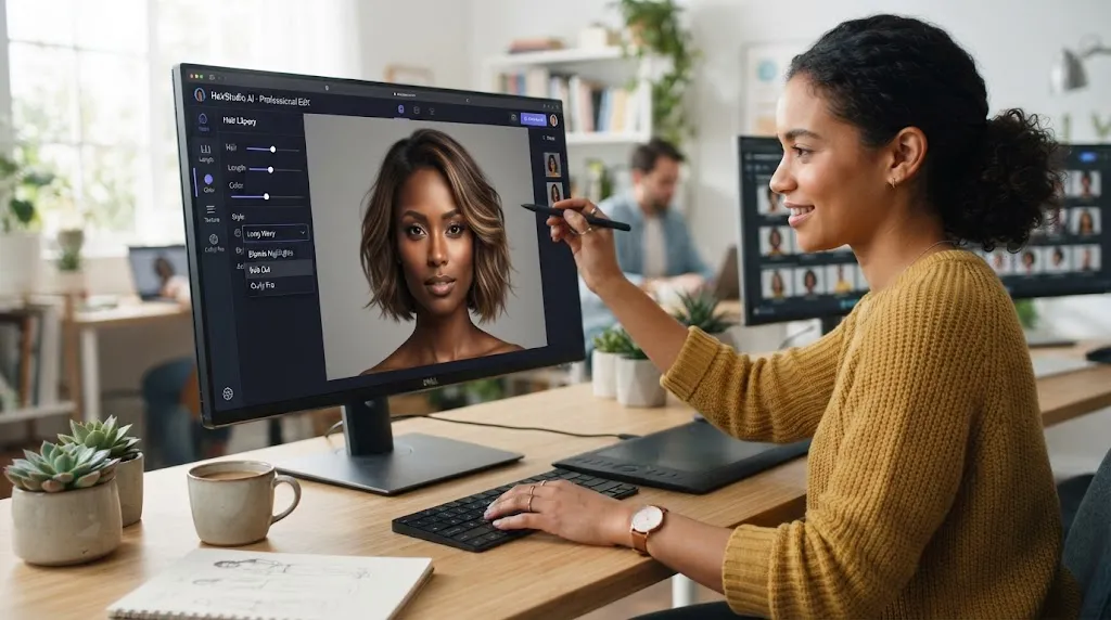 A user editing a portrait on a computer to add and try virtual hairstyles online for free