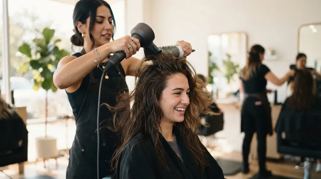 A professional salon styling session demonstrating how to lift roots with a blow-dryer for voluminous open hair