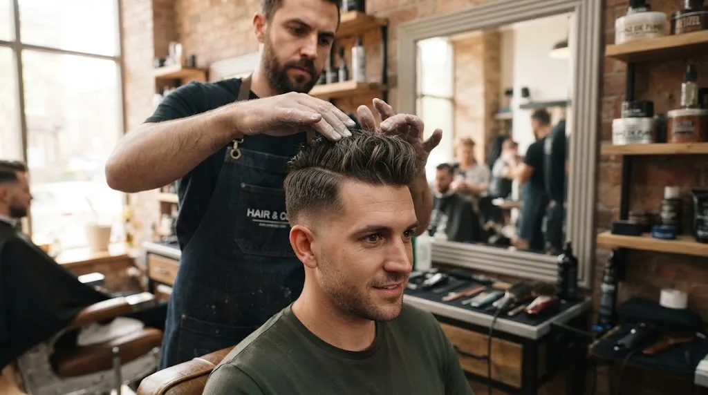 Man in a barber chair having matte styling clay applied to a clean short pompadour haircut