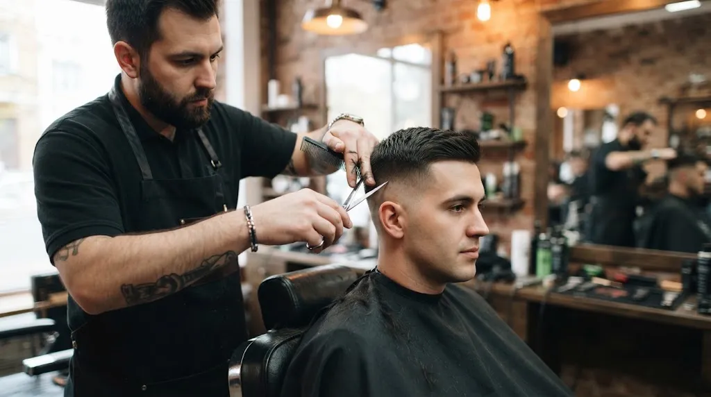 Professional barber using scissors and a comb to style a clean long military haircut for a male client in a modern barbershop
