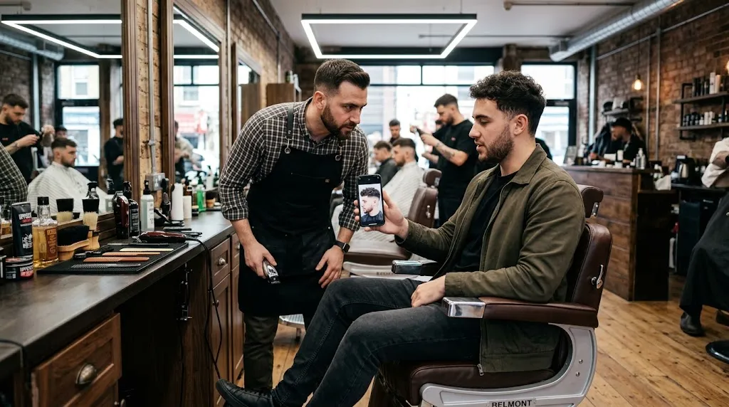 A client showing a Seven Haircut reference photo on a smartphone to a professional barber in a modern barbershop
