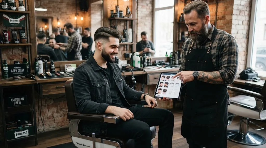 A professional barber consulting a man in a modern barbershop chair about styling options for straight hair