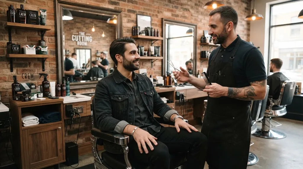 A man discussing a wavy-friendly haircut style with his professional barber holding scissors in a modern barbershop