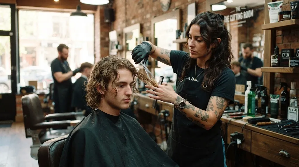 Professional barber using scissors to cut and texture a man's wavy hair in a modern barbershop
