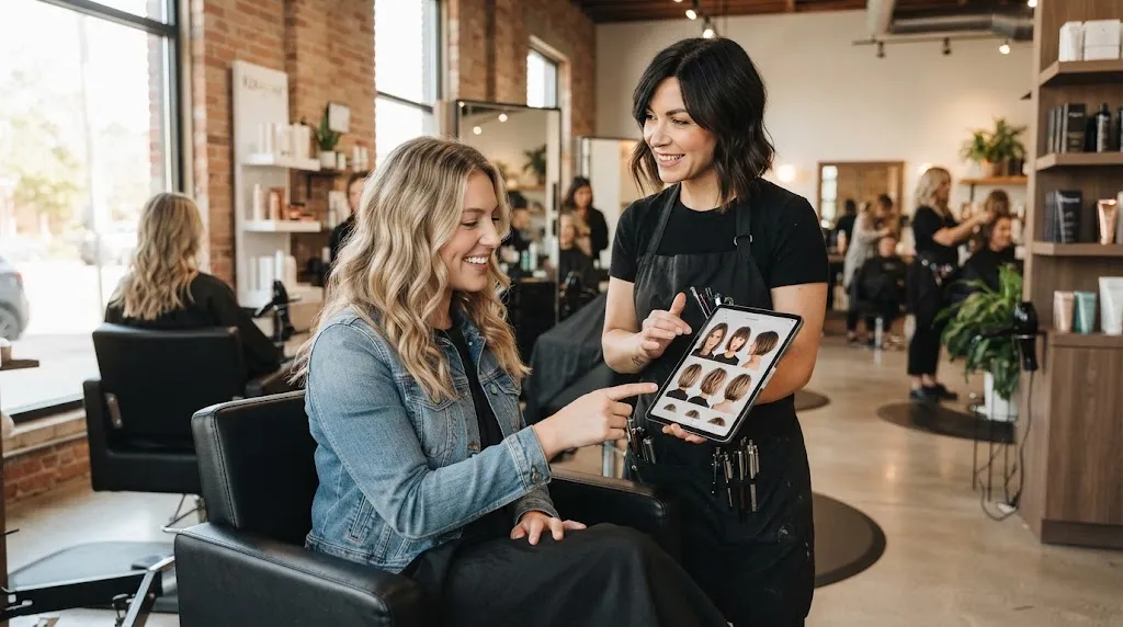 A client in a modern hair salon consulting with a professional stylist before getting a long layer step cut.