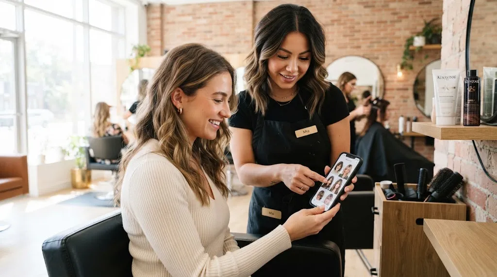 A client in a modern hair salon reviewing hairstyle inspiration photos on a phone with their professional stylist
