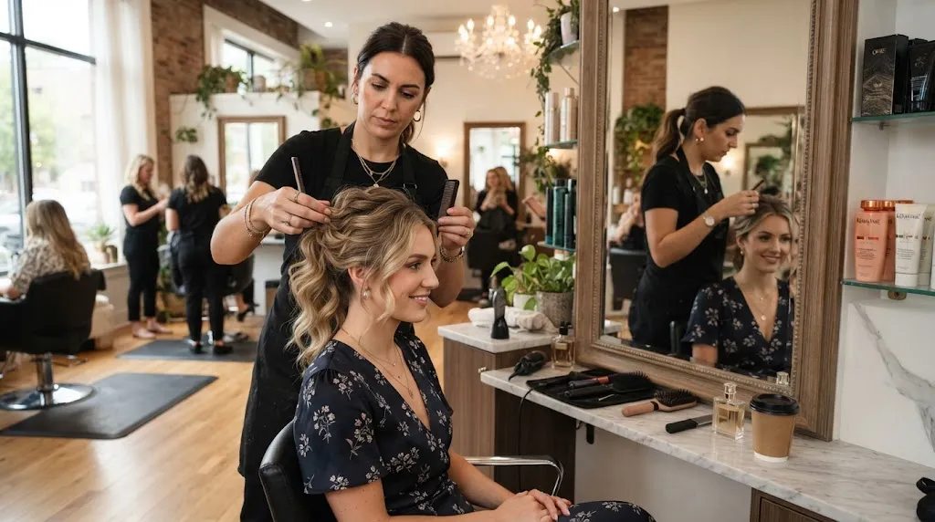 Professional hairstylist demonstrating how to choose the right hairstyle to match a frock neckline and dress length.
