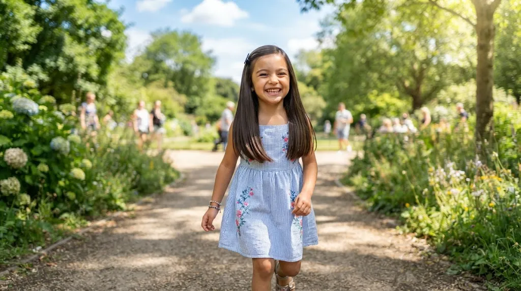 A smiling young girl with smooth, sleek, frizz-free hair outdoors on a breezy day, demonstrating humidity and flyaway control for hairstyles.