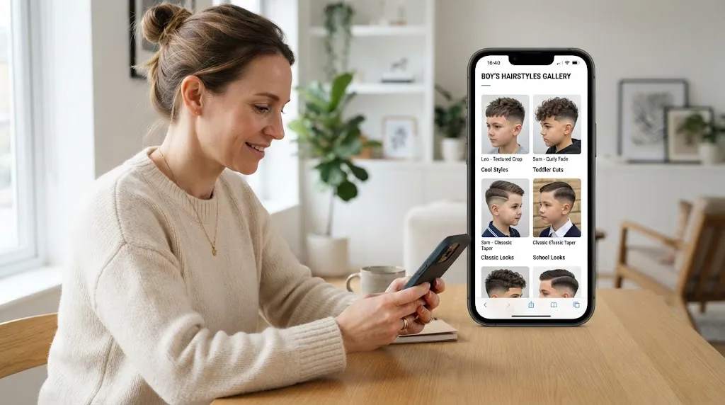 A person demonstrating how to save and download trending HD boy hairstyle images on a smartphone