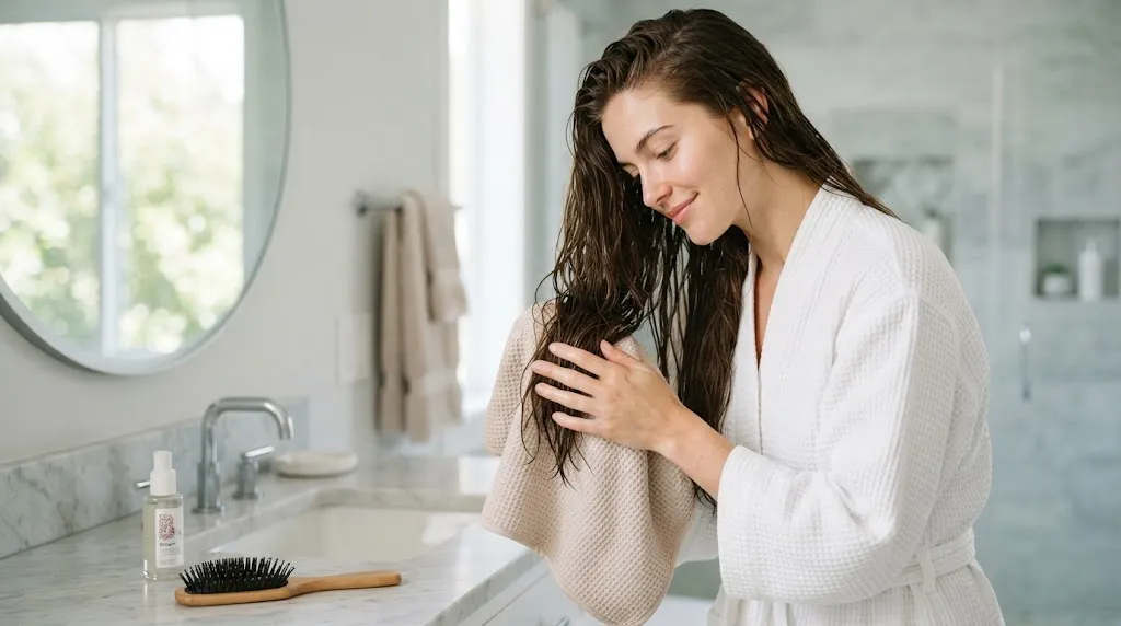 A woman with long thick hair gently squeezing out moisture with a microfiber towel to prevent humidity frizz