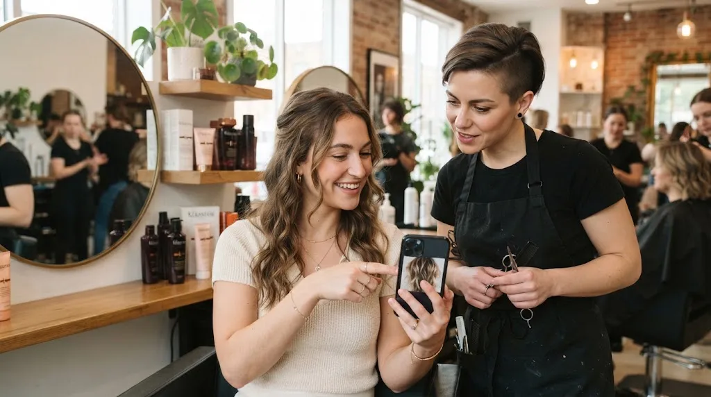 A young woman explaining her desired haircut to a professional stylist in a salon using a smartphone reference photo