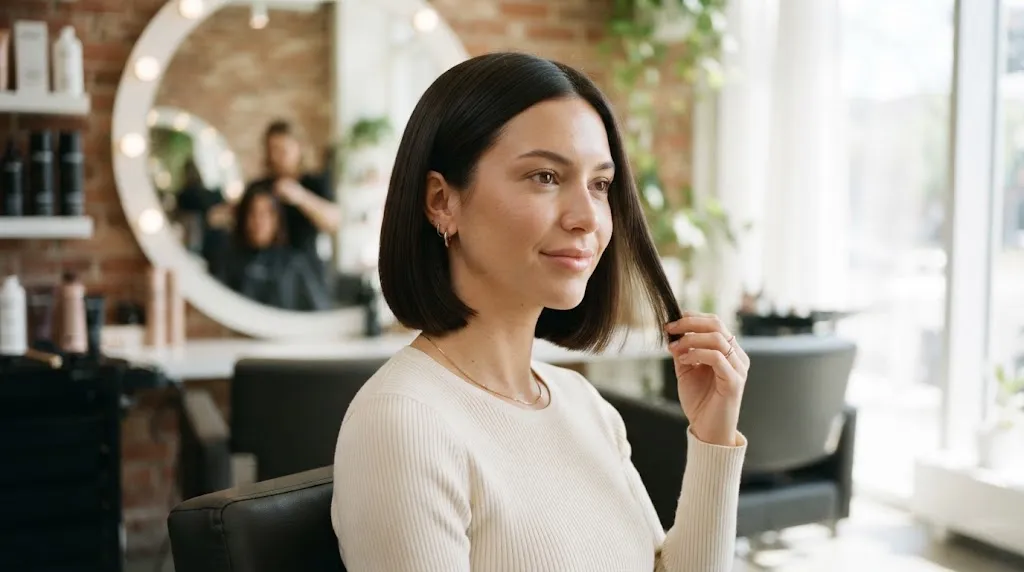 A woman with a chic chin-length box bob haircut showing smooth, properly styled ends that do not flip out.