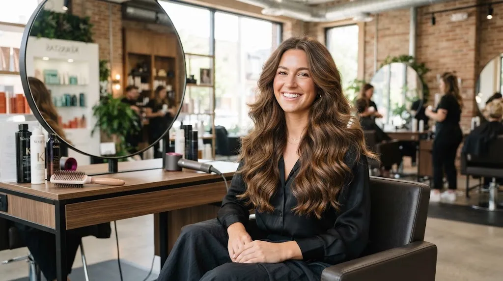 Woman with long thick hair smiling and feeling light after fixing midday hair weight in a salon