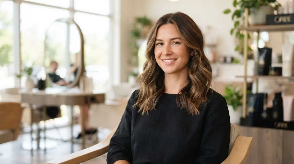 A smiling person showcasing beautiful, healthy medium-length hair inside a modern salon, representing a successful haircut transition and growth phase.