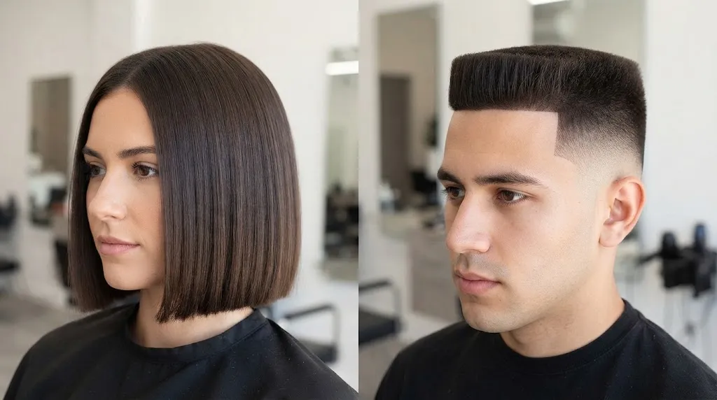 A split-screen photograph illustrating how to identify a box cut, featuring a woman with a structured, blunt box bob on the left and a man with a squared flat top box fade on the right, both showing defined perimeters in a salon setting.