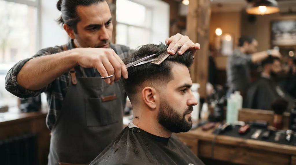 A professional barber meticulously trimming the side hair of a client to eliminate unwanted bulk while maintaining a natural slope transition.