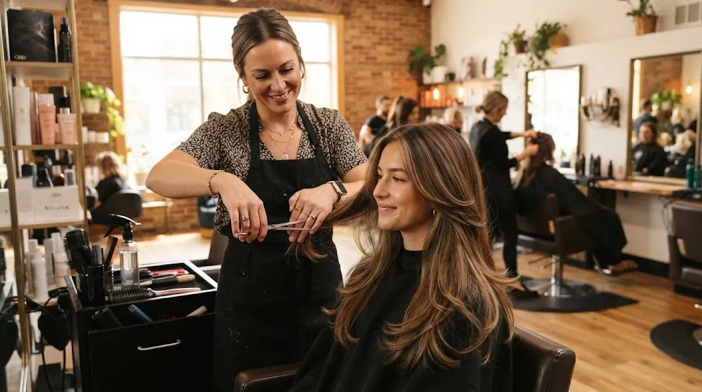 Professional hairstylist styling and maintaining long layered hair in a modern salon without losing length