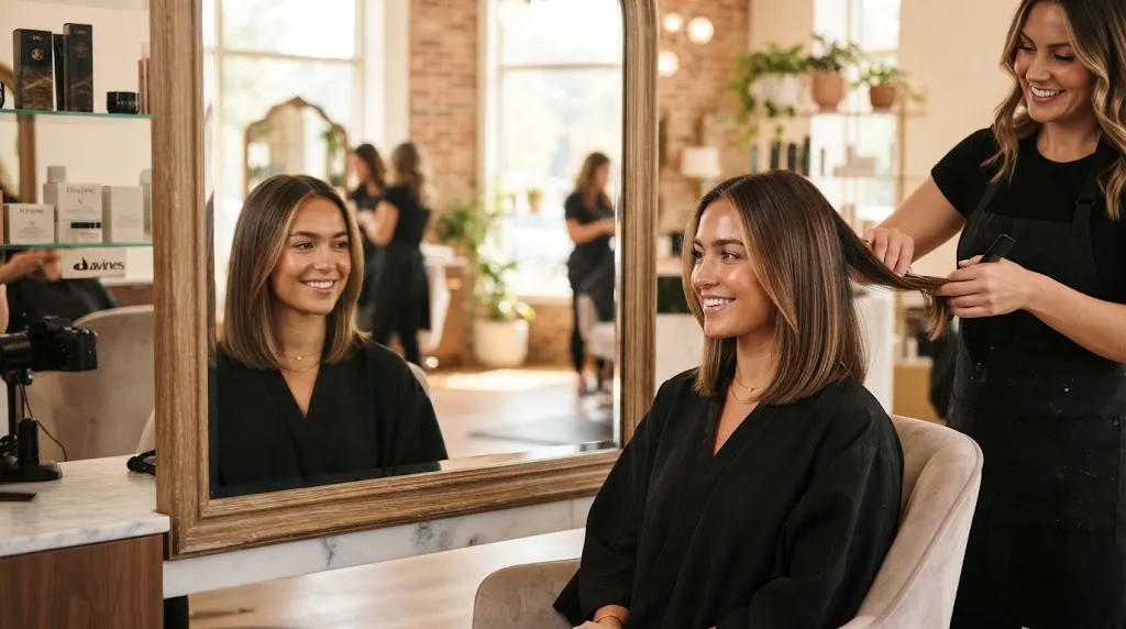 Young woman with a stylish medium-length lob haircut sitting in a bright modern salon chair during a routine dusting trim to maintain her style