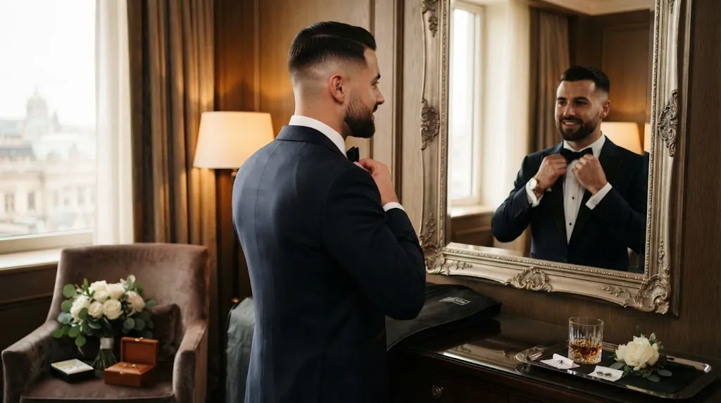 Stylish groom with a neat haircut and well-groomed short beard getting ready for a wedding