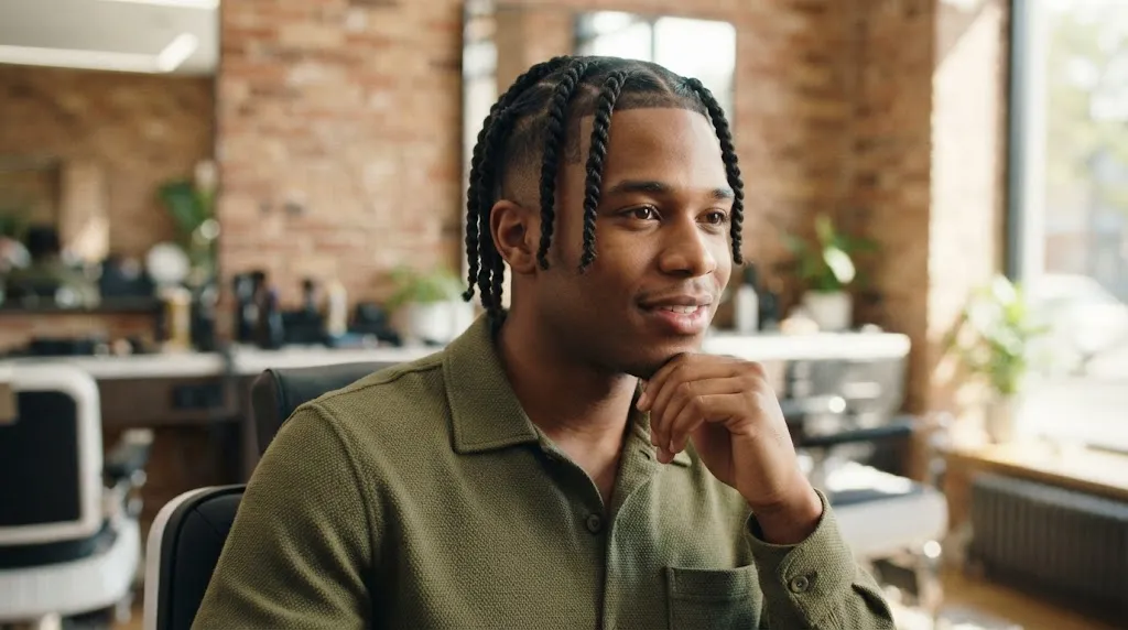A stylish Black man with clean two-strand twists and a sharp fade sitting in a modern barbershop, showcasing how to pick the right twist hairstyle.